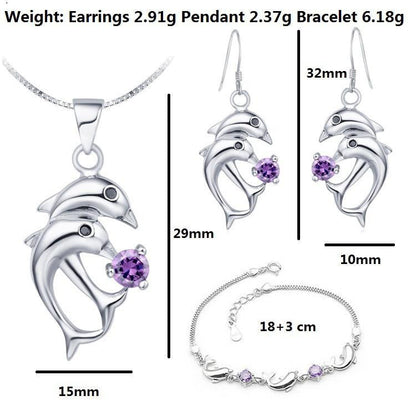 Silver Two Dolphins Women Necklaces Earrings Bracelets Sets Trendy Rhinestone Jewelry - WikiWii