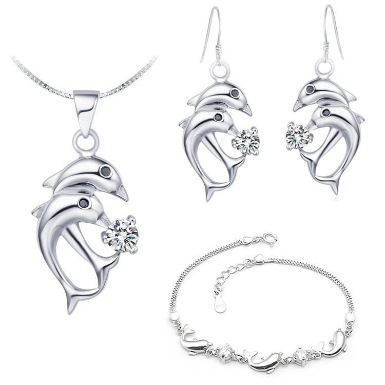 Silver Two Dolphins Women Necklaces Earrings Bracelets Sets Trendy Rhinestone Jewelry - WikiWii