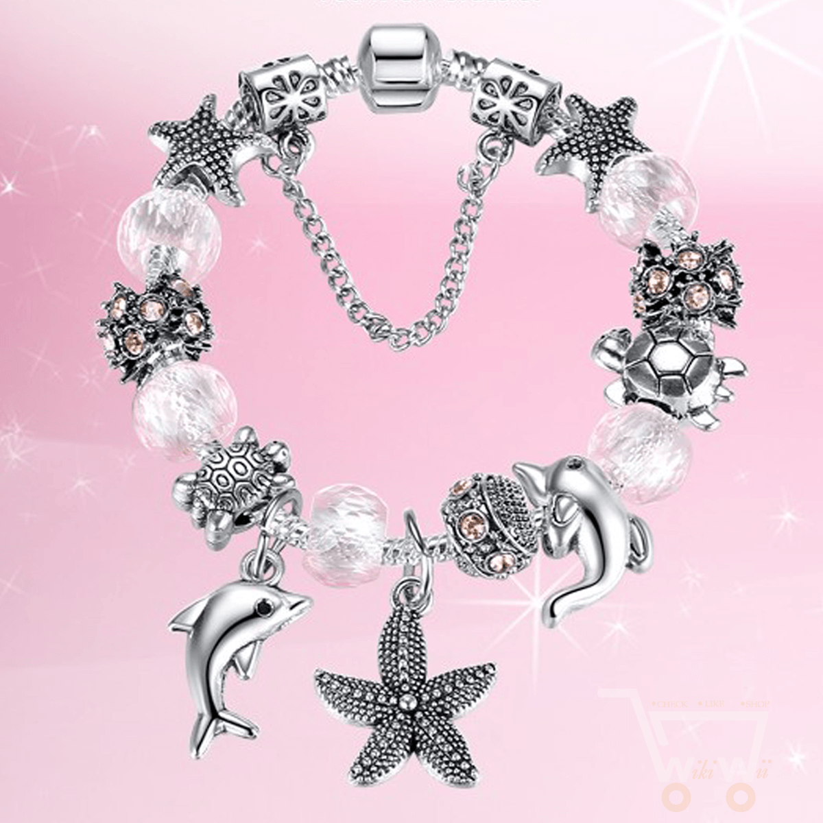 925 Silver Plated Pink Sea Turtle Dolphin Starfish Charm Bracelet - WikiWii