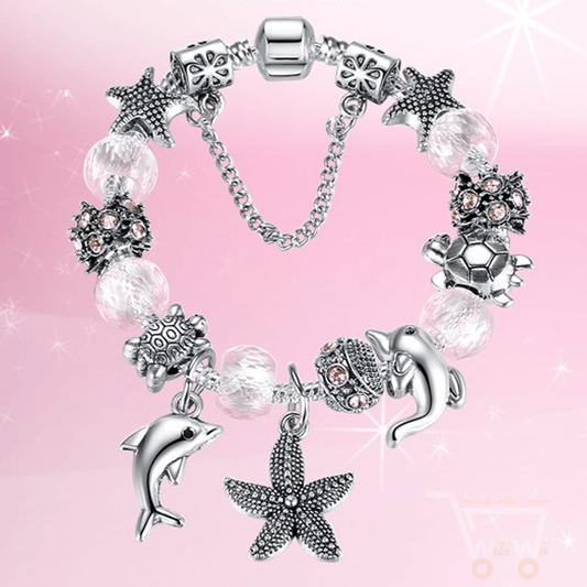 925 Silver Plated Pink Sea Turtle Dolphin Starfish Charm Bracelet - WikiWii