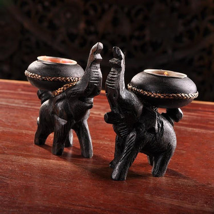 Thailand Wooden Elephant Candle Holder - WikiWii