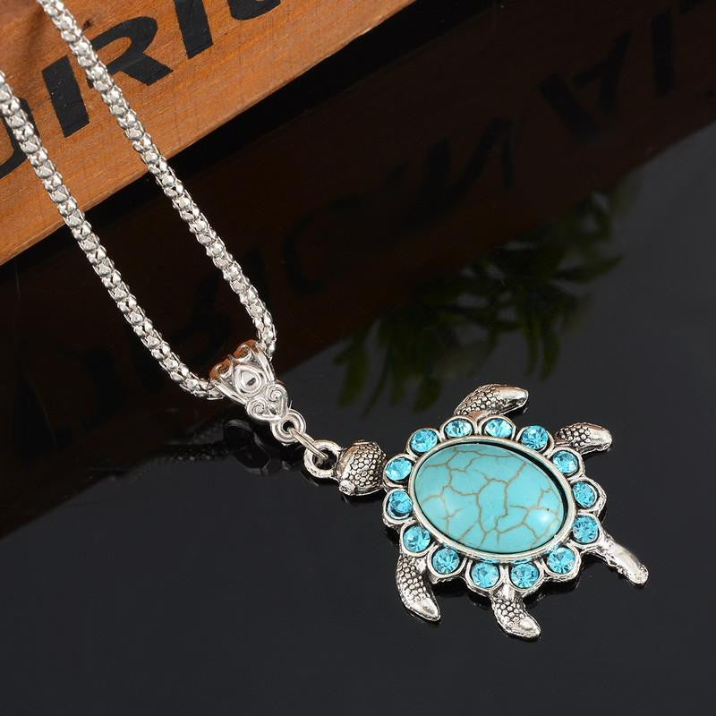 Turquoise Rhinestone Turtle Shaped Pendant Necklaces - WikiWii