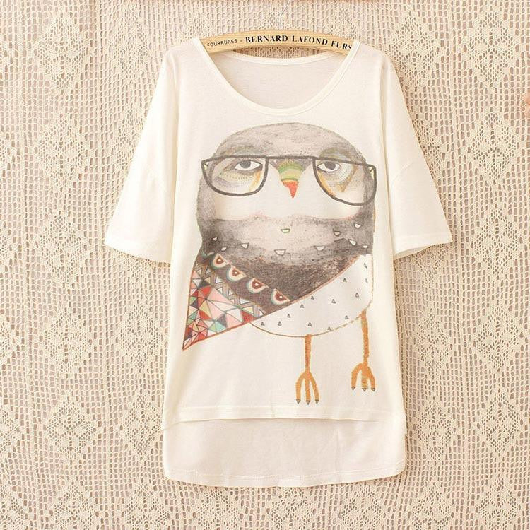 Wearing Glasses Owl Women T Shirt Short Sleeve ( one size ) - WikiWii