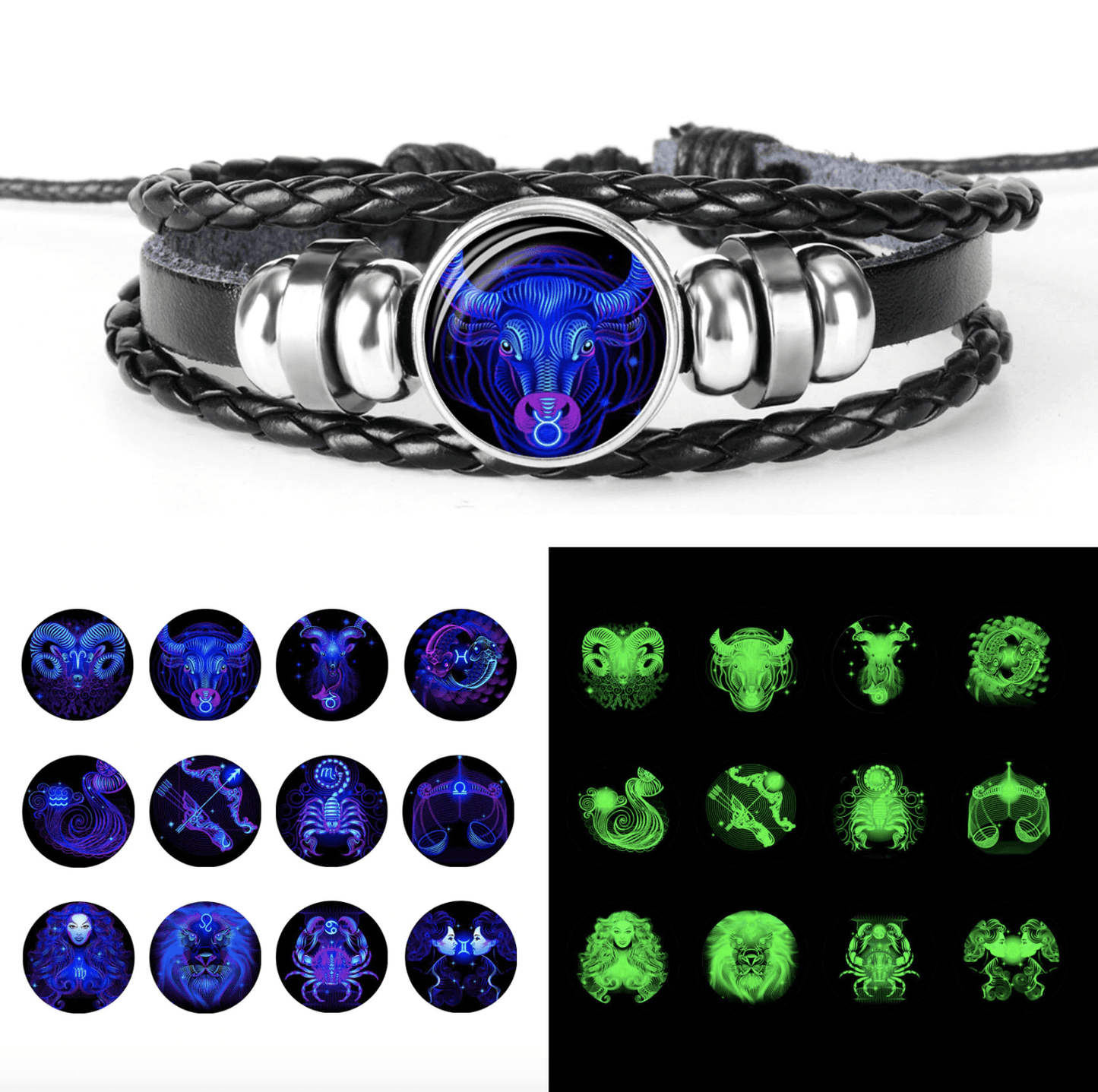 Glow in the dark Zodiac Leather Bracelet - WikiWii