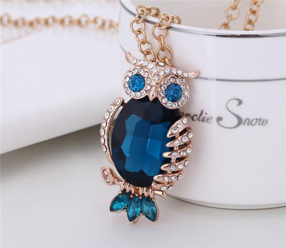 Zircon Blue Sapphire Rose Gold Plated Chain Owl Long Necklace - WikiWii